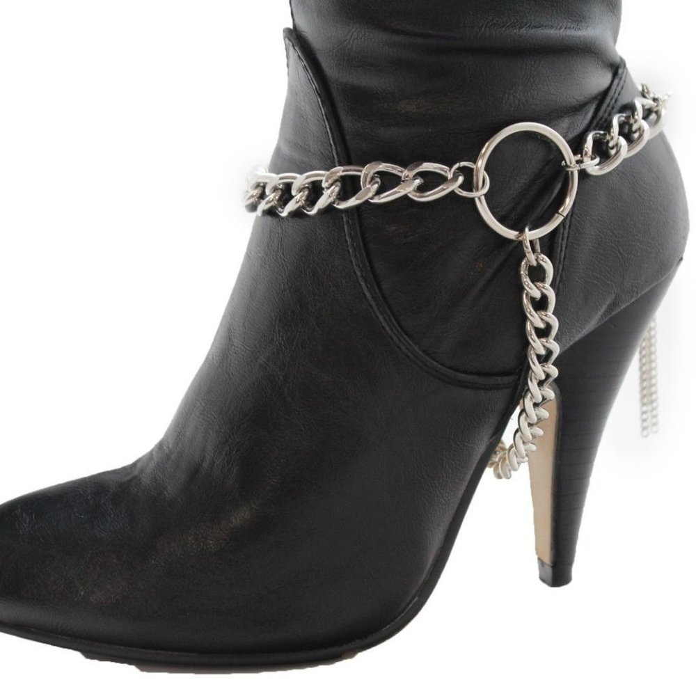 Women Silver Metal Boot Chain Bracelet Circle Back Tassel Shoe Charm Anklet - Picture 7 of 12